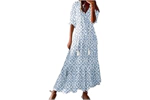 ZEIAYUAS Women's Summer Dress V Neck Boho Maxi Dresses Casual Half Sleeve Long Dress Bohemian Pleated Beach Dress Ladies Flowy Holiday Swing Loose Fit Dresses for Party Evening