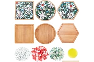 WEBEEDY 3 Styles DIY Mosaic Craft Kit Flower Mosaic Bamboo Coasters Mosaic Kits for Adults Beginner, Green Glass Mosaic Tiles Pieces with Blank Base Tray for Handmade Art Home Decor