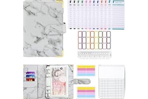 MIIOTO A6 Budget Binder,Leather Ring Binder Notebook with 12 Clear Cash Envelopes Pockets and 12 Expense Budget Sheet,3pcs Label Stickers and 1 Ruler,Cash Organizer Money Saving Binder for Budget Planner