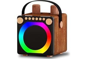 FOLTUSYMY Karaoke Complet, Karaoke avec 2 Microphones sans Fil, Bluetooth 5.3, Design Rétro, Lumière LED de Captation de Musique, Un Clic pour Annuler Le Son Original, Poignée en Cuir
