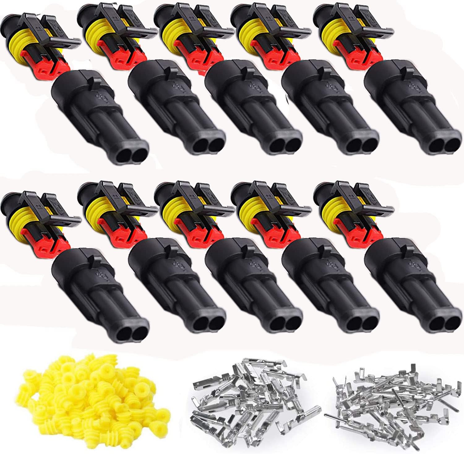 RUNCCI-YUN 10 Kit 2 Pin Waterproof Electrical Connector Kit, Car Wire Connector, Waterproof, Dustproof, Insulated and Sealed, 1.5mm Series Terminal Connector