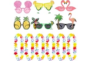 BETESSIN 6 Stück Party Brillen Hawaiian Tropical Brille Lustig mit 6 Pcs Blumenketten Kranz Hawaiianische Sommer Deko für Hawaiian Party Strand Thema Party Zubehör Foto Requisiten Aloha Party usw.
