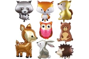 OSDUE Folienballon Waldtiere, 8 Stück Luftballons Tiere, Tierkopf Riesenballon, Kinder Geburtstag Party Deko Lgel, Fuchs, Waschbär, Eichhörnchen, Dschungelbär, Dschungelhirsch, Dschungelhase, Eule