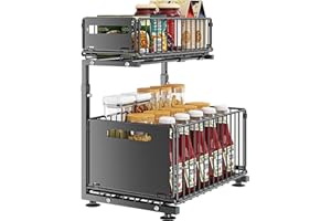 IPOW Organiseur en métal à 2 niveaux réglable en hauteur pour cuisine et salle de bain (noir)