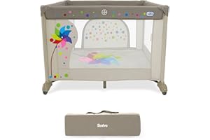 Parque Infantil Bebé 106x106 cm – Corralito Plegable con Base Acolchada + Puerta Frontal y Ruedas | Diseño Robusto y Bolsa de Transporte SQUARE Molinillo Beige Asalvo