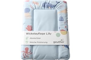 Geuther Wickelauflage abwaschbar 52 x 75 cm | Wickelunterlage Lilly für Wickelregal Clarissa & andere | Erhöhter Rand & Kopfschutz für hohe Sicherheit | Wickeltischauflage | Design Ocean