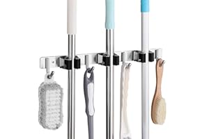 SHYOSUCCE Edelstahl Besenhalter, Besenhalterung Wand mit 3 Schlitze und 4 Haken, Gerätehalter Wandhalterung für Küche, Badezimmer, Garage und Garten, Schwarz