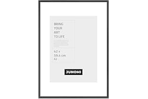 JUNOMI® Marco de fotos DIN A2, madera negra, 42 x 59,4 cm (16,5 x 23,4 pulgadas), color negro con cristal de Plexi irrompible, marco de madera