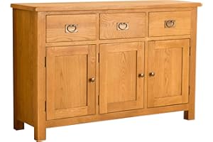 ROSELANDFURNITURE Lanner Oak Large Sideboard Cabinet | Roseland Furniture Traditional Rustic Waxed Solid Wooden 3 Drawer 3 Door Storage Buffet Unit for Living Room or Dining Room | Fully Assembled