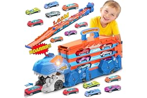 TERRAMUS Camión de transporte de dinosaurios para niños de 3, 4, 5, 6 años, juguete portátil 3 en 1 con 8 autos de carreras, juguete plegable de expulsión de dinosaurio con sonido, el mejor juego de
