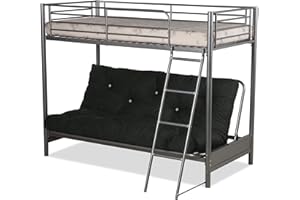Humza Amani Futon Bunk Bed – Silver Metal Frame with Black Futon Mattress, 3FT Single Top Bunk and 4FT6 Convertible Sofa Bed – Space-Saving Modern Design