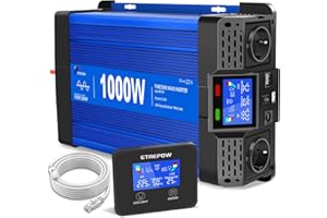 ETREPOW 1000W/2000W 12V Auf 230V Reiner Sinus Wechselrichter mit Fernbedienung, 2 EU Steckdosen, 2 USB+Tycp-C Anschlüssen, geeignet für Haushaltsgeräte, Wohnmobile, Camping Spannungswandler