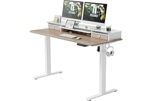 FEZIBO Electric Standing Desk with Glass Top Monitor Stand,140 * 67cm Adjustable Sit Stand Up Table with Double Drawer, Sit Stand Desk with Storage Shelf, White Frame/LightWalnut Top