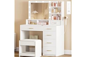 Hzuaneri Coiffeuse avec 10 Globes Lumineux LED, 3 Couleurs, Coiffeuse avec Prise Et Grand Miroir, Tabouret Et Support pour Sèche-Cheveux, Tiroirs Multiples, Blanc DT39003X