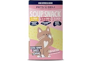 Pets Deli Katzensuppen Multipack – Getreidefrei, 3 Sorten (Huhn, Rind, Lachs) – Unterstützt Haut & Fell, Verdauung & Haarballen – 6 x 40g