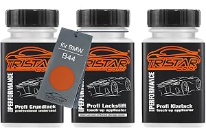 TRISTARcolor Billack 2+1 lackstift för BMW B44 Valencia Orange Metallic +1K | Set med grundlack + baslack + klarlack, bättringsfärg, lackflaskor med pensel, à 50ml
