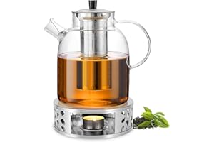 PORFOYO Teiera in vetro da 1,8 l con filtro e fornellino, teiera in vetro con colino da tè in acciaio inox e sottopentola a caldo, teiera resistente al calore per tè e bustine di tè sfusi