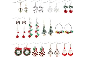 12 Pairs Christmas Dangle Earrings, Kalolary Christmas Tree Santa Claus Bow Jingle Reindeer Snowflake Plated Alloy Xmas Earrings Christmas Themed Pierced Hook Drop Earrings for Women Girls