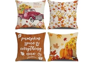 KSSKEN Fundas Cojines 45x45cm, Juego de 4 Fundas de Cojines Calabaza Otoño Algodón Lino Decorativa Hogar Almohadas Fundas para Sala Sofá Cama Decoración para Hogar