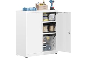 HOMSTEEL Aktenschrank, abschließbarer Garagenschrank, 3 Ebenen Büroschrank, Werkstattschrank mit verstellbaren Regalen, für Büro, Garage und Hauswirtschaftsraum, weiß