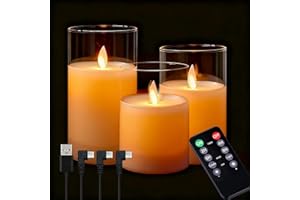 NICE POINT Bougie sans flamme LED, bougie en cire véritable rechargeable avec télécommande et minuterie, bougies électroniques en verre blanc transparent pour la décoration d'intérieur, lot de 3