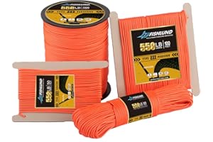 FISHLUND Paracord 250 kg, 7 żyłek typu III Paracord, lina, 15 m, nylonowy sznurek spadochronowy o wysokiej wytrzymałości, na kemping, survival, taktyczne i wędrówki, neonowo-pomarańczowy