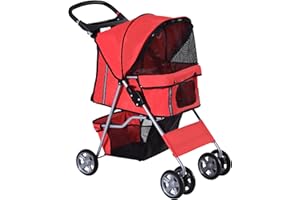 PawHut Poussette buggy pliable animaux chariot pliante chien chat porte-gobelet panier de rangement inclus roues avec frein tissu 600D Oxford acier 75 x 45 x 97 cm rouge