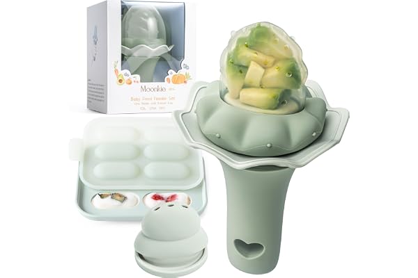 Moonkie Lot de 1 Sucettes à Fruits en Silicone pour Bébé avec Plateau de Congélation, Adaptées aux Bébés de 4 Mois et Plus, Deux Tailles de Sachets, Poignée Hochet Amusante, Sans BPA