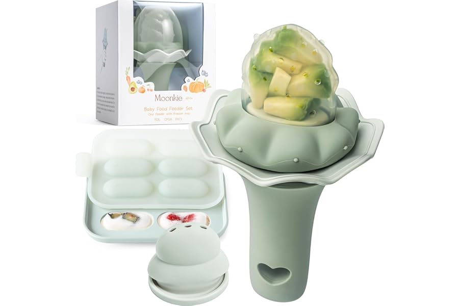 Moonkie Baby Fruit Feeder with Freezer Tray | BPA Free Silicone Baby Food Feeder with Two Sizes Pouches | Baby Shower Gifts | 4 Months+ Led Weaning, 1 Pack(Sage)