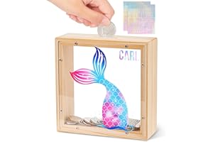 Beinou Piggy Banks for Kids, Wooden Money Box for Girls Boys Acrylic Coin Money Jar Pot Savings Tin with DIY Alphabet Stickers