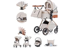 Gcarebb Poussette 3 en 1, Poussettes Citadines Avec Siège Auto, Poussette Canne Poignée Réglable en Hauteur, Poussettes Combinée Paysage Haut Cadre en Aluminium Convient Pour 0-3 Ans