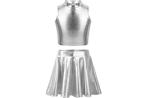 Doomiva Kids Girls Roller Skating Skater Dancing Competitions Mini Skirt Shiny Metallic Athletic Dancewear with Sleeveless Tank Tops