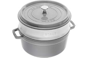 STAUB Cocotte en Fonte Émaillée avec Couvercle et panier vapeur, Tous feux dont induction, 4 à 5 personnes, Ronde, 26 cm, 5 L, 7,2 kg, Gris Graphite