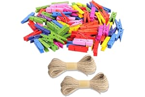KUOXAN Multicolor Mini Wooden Clips, 100 Pcs Crafting Kit with 20 Meters String - Ideal for Creative Projects, Wedding Decorations, and Event DesignKey