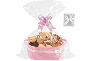 POPULIKE Gift Basket Empty, Woven Cotton Rope with Gift Bags and Ribbons, Hamper Baskets Empty With Handles, Cat Dog Toy Storage Basket for Baby Shower, Birthday,Wedding,Christmas (pink)