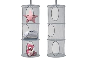 NCOALE 2 Stück Hängeaufbewahrung Hängekorb Groß Kuscheltier Aufbewahrung Hängend Faltbare Aufbewahrungstasche Netz mit 3 Fächern für Kinderzimmer, Badezimmer, Balkon (Grau)