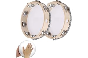 WPNCYK 2 Pack Wooden Tambourine, 4 Inch Hand Held Drum with Jingle Bells, Percussion Musical Instrument for Kids, Ideal for Church, Parties, and Gifts