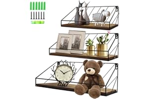 HORLIMER Floating Shelves for Wall Set of 3, Rustic Wood Wall Shelves with Wire Frame for Bedroom, Living Room, Bathroom, Kitchen