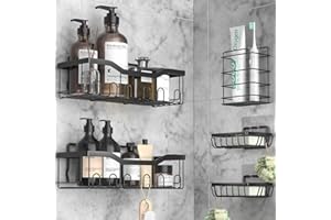 OUSFOT Etagere Salle de Bain 5 Pièces avec Crochet Noir, Sans Perçage pour Douche, Cuisine, Toilettes