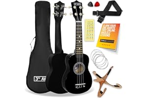 3rd Avenue Soprano Ukulele 21 Inch Beginner Pack Bundle – Bag, Stand, Strap, Strings, Picks and Fret Stickers – Black with FREE 1 Month Online Lessons