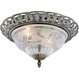 Traditional and Classic Antique Brass and Floral Glass Flush Ceiling Light by Happy Homewares