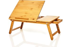 bambuswald Plateau de lit | Table pour Ordinateur Portable avec tiroir 100% Bambou : env.54x35cm - Table Pliante de lit, Bureau pour la Lecture ou Le Petit-déjeuner et Table à Dessin