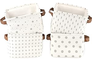 LessMo 4 Pack Storage Baskets, Collapsible Mini Storage Boxes, Canvas Fabric Waterproof Storage Bins made from Cotton and Linen, for Toys, Bathroom, Closets, Playroom (GREY-SPOT, Thick fabric)