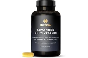 Inessa Multivitamin with CoQ10 100mg, Vitamin D3 2000 IU, K2 100mcg, B Complex, Vitamins A 800mcg, Folic Acid as 5-MTHF 400mcg, Zinc 20mg and Lutein
