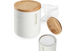 KADAX Distributeur de tampons de coton, 9,8 x 11 cm, boîte de rangement, avec couvercle en bambou, deux couleurs, accessoires de salle de bain au motif marbre subtil (blanc/écri)