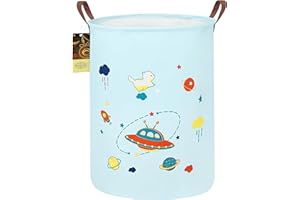 HUNRUNG Laundry Hamper,Large Canvas Fabric Lightweight Storage Basket Toy Organizer Dirty Clothes Collapsible Waterproof for College Dorms, Children Bedroom,Bathroom(Round-spacecraft)