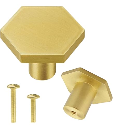 Solid Brass Hexagon Kitchen Cabinet Knobs And Pulls Gold Drawer Dresser Knobs Wardrobe Cupboard Door Pull Handles Hardware 4Pack (4,21x34mm