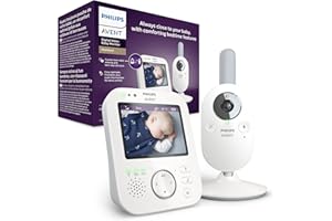 Philips Avent Babyphone Vidéo Premium, écran LCD HD 3,5", Mesure température, Zoom et berceuses intégrées, Blanc/Gris (Modèle SCD843/26), 1080p