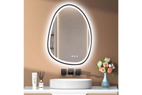 PESENXAN Spegel med belysning asymmetrisk LED-badrumsspegel 75 x 55 cm med touchströmbrytare – anti-dimma, 3 ljusfärger, dimb