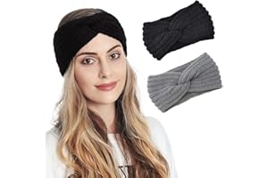 Fashband - Fasce per capelli invernali in maglia, adatte come scaldaorecchie, nere e grigie, elastiche, ritorte, grosse, per donne e ragazze (confezione da 2)